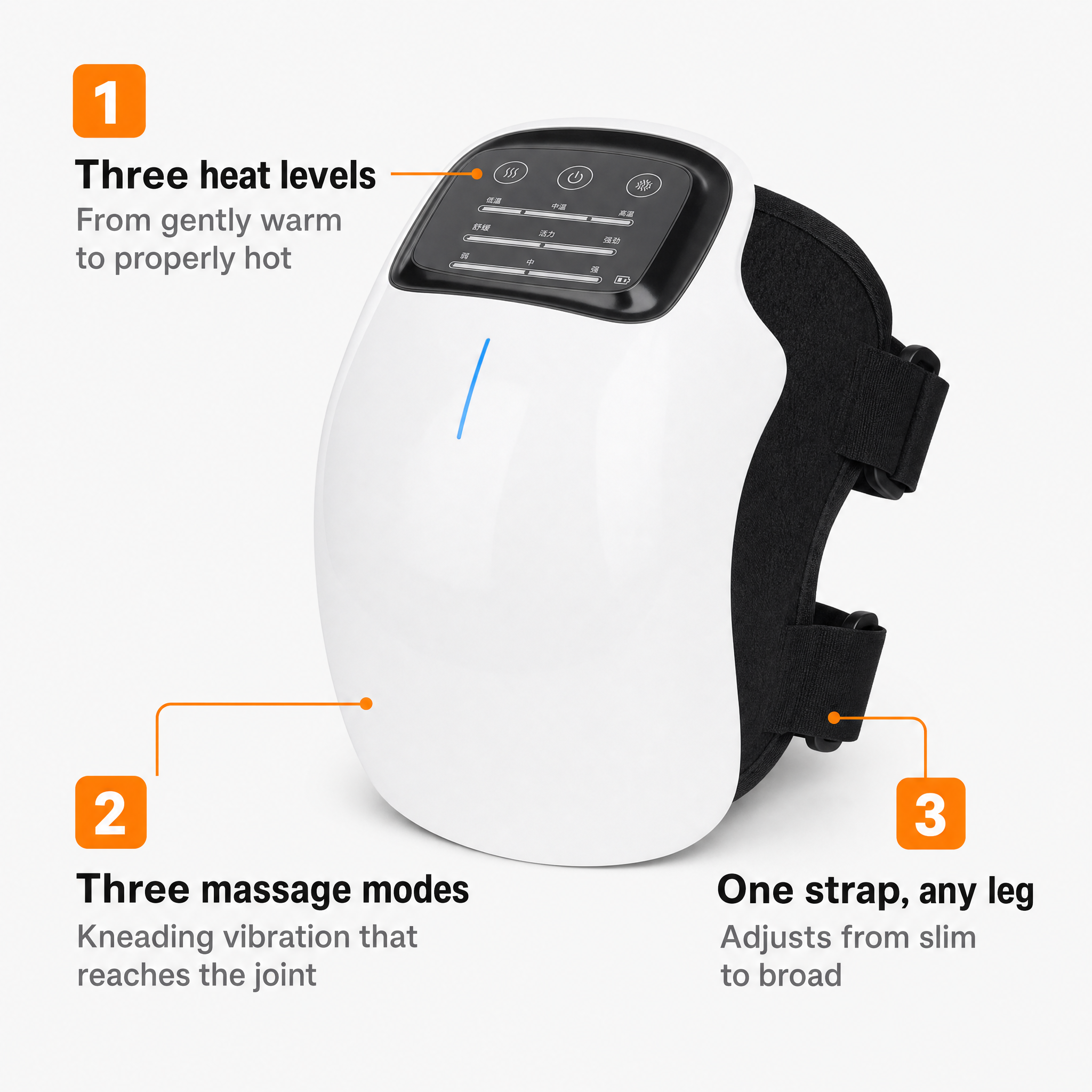 Three heat levels, three massage modes, one strap
