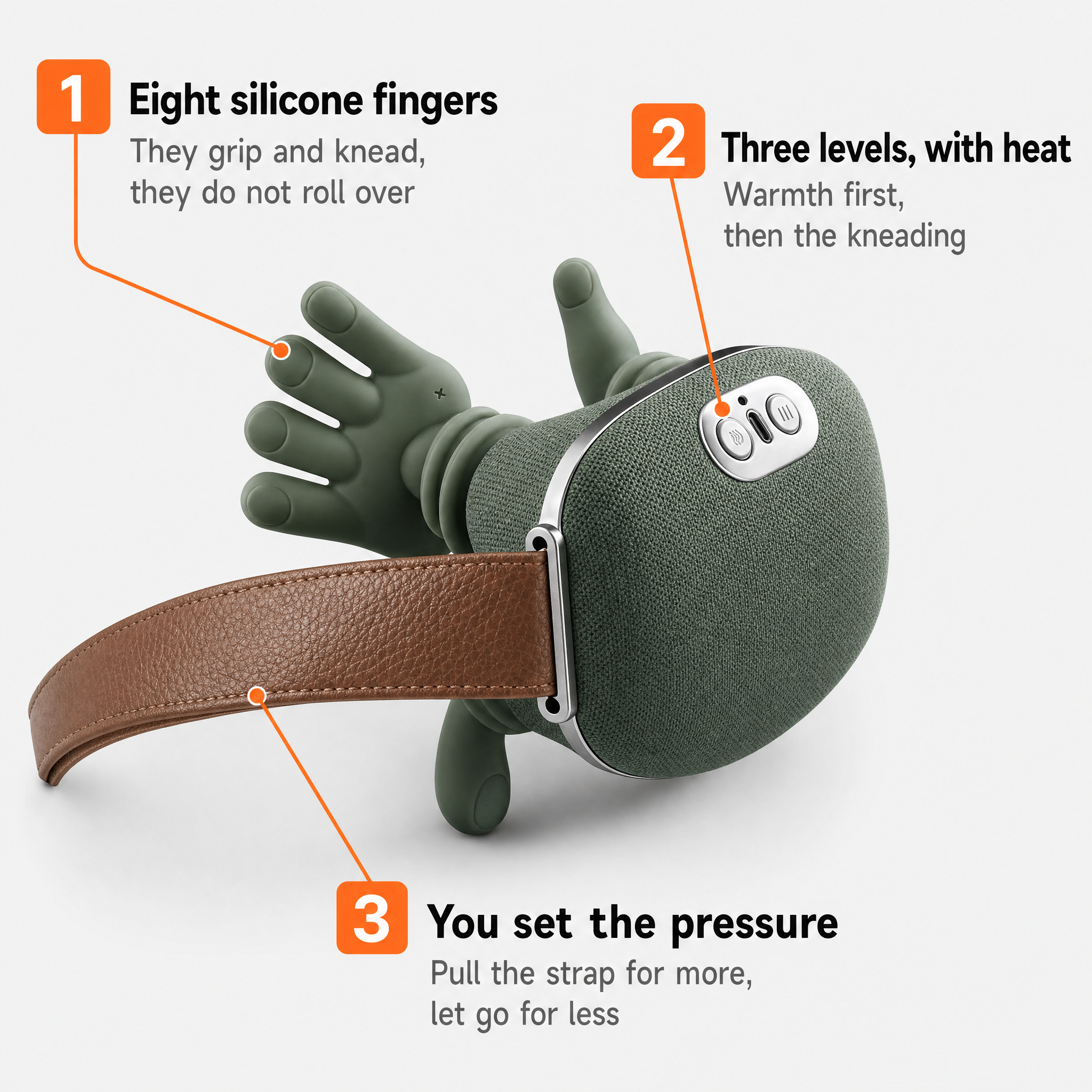 Eight silicone fingers, three levels with heat, you set the pressure