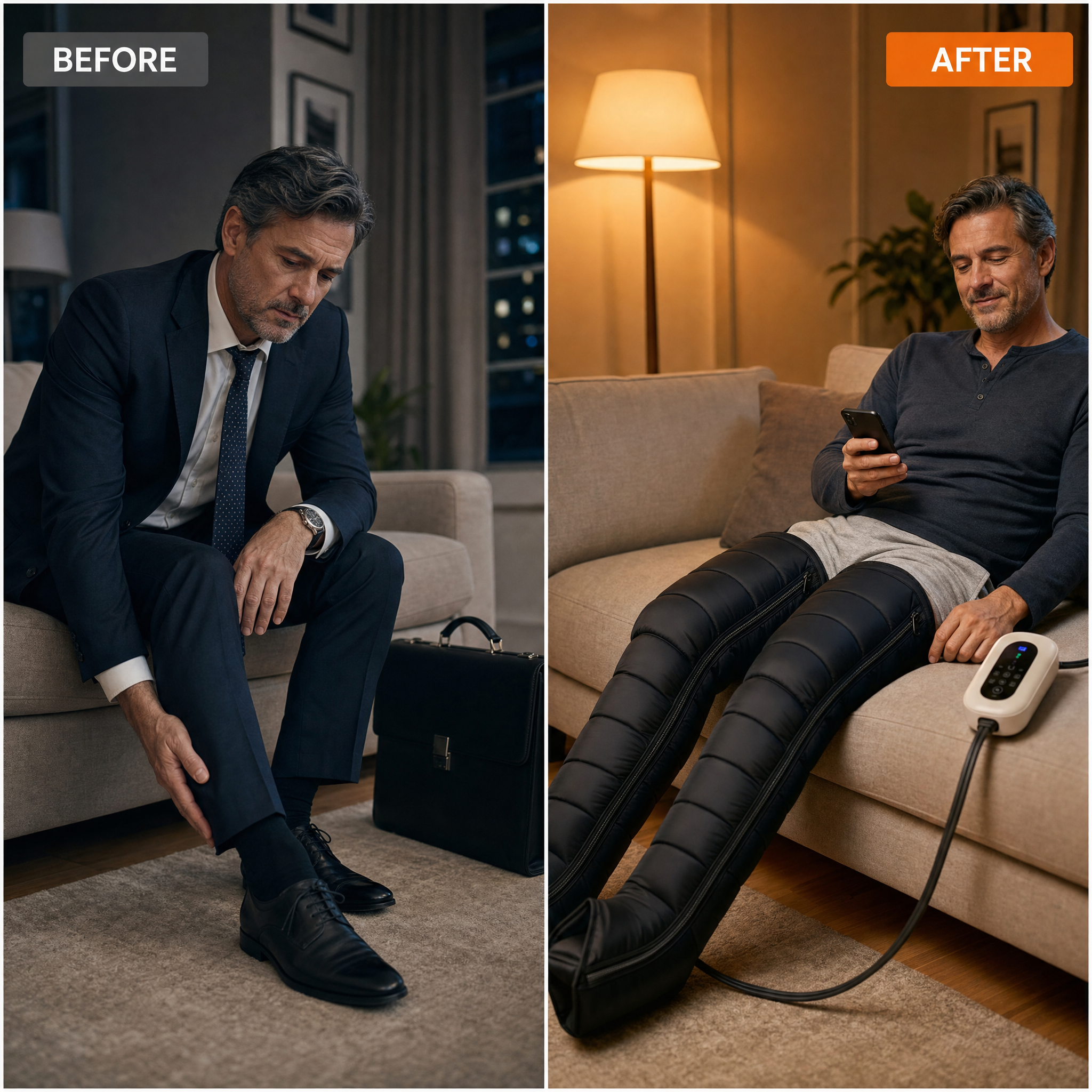 Before and after a long day